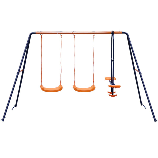 A-Frame Metal Double Swing Set with 2 Seats with 1 Seesaw Play Set for Children Play in The Garden Patio Outdoor, Max Weight 400 LBS